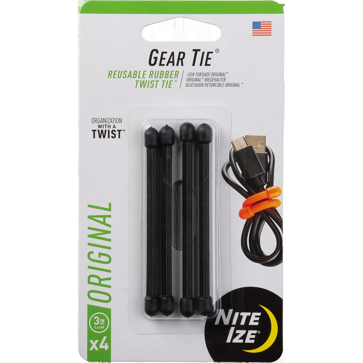 Gear Tie Reusable Rubber Twist Tie 3" - 4 Pack